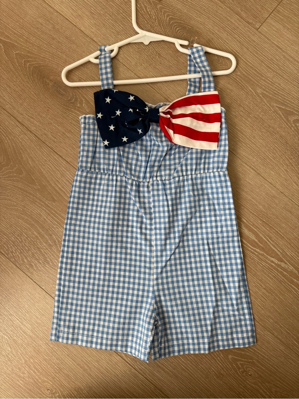 SHEIN Blue Gingham Girls Romper with Patriotic Bow Accent